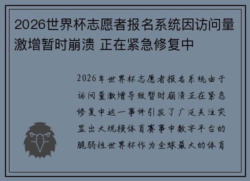 2026世界杯志愿者报名系统因访问量激增暂时崩溃 正在紧急修复中 2026世界杯志愿者报名系统因访问量激增暂时崩溃 正在紧急修复中