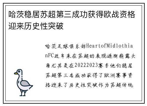 哈茨稳居苏超第三成功获得欧战资格迎来历史性突破 哈茨稳居苏超第三成功获得欧战资格迎来历史性突破