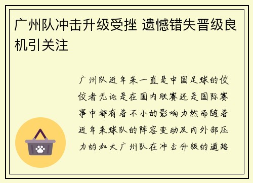 广州队冲击升级受挫 遗憾错失晋级良机引关注