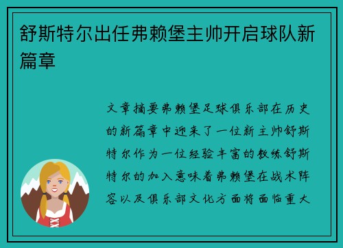 舒斯特尔出任弗赖堡主帅开启球队新篇章 舒斯特尔出任弗赖堡主帅开启球队新篇章