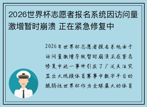 2026世界杯志愿者报名系统因访问量激增暂时崩溃 正在紧急修复中