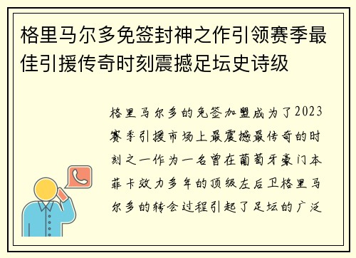 格里马尔多免签封神之作引领赛季最佳引援传奇时刻震撼足坛史诗级